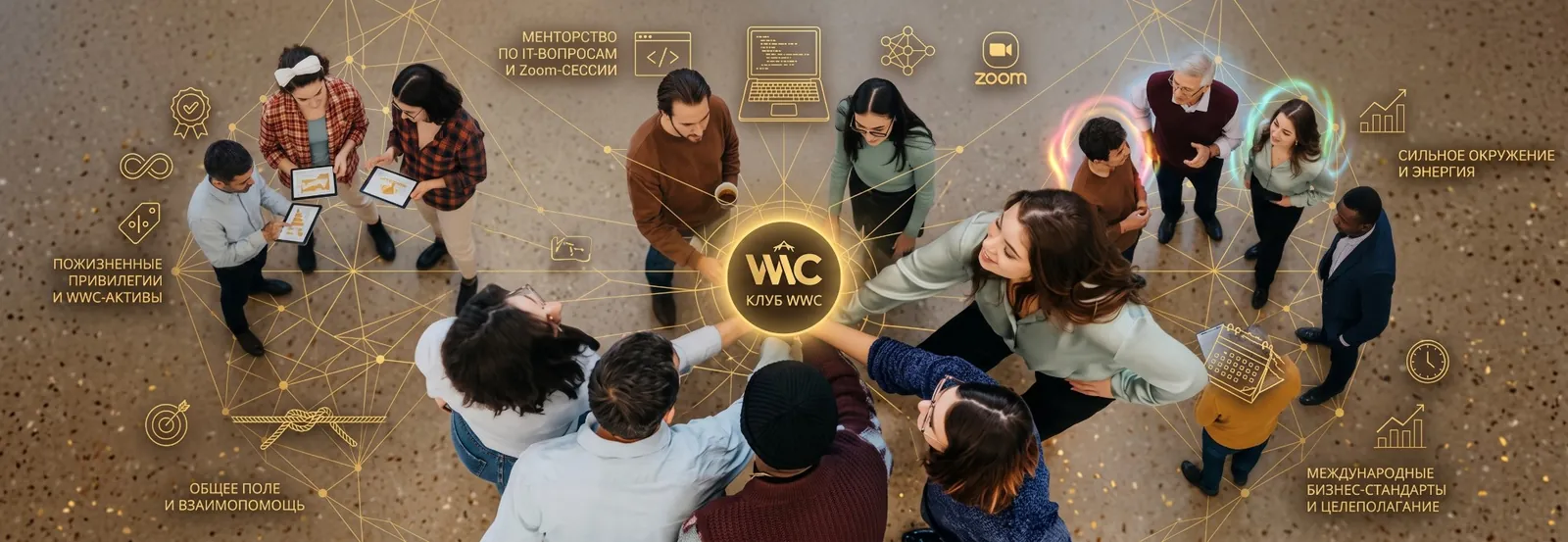 Клуб WWC: менторство по IT и Zoom-сессии, сильное окружение и энергия, международные бизнес-стандарты и целеполагание, общее поле и взаимопомощь, пожизненные привилегии